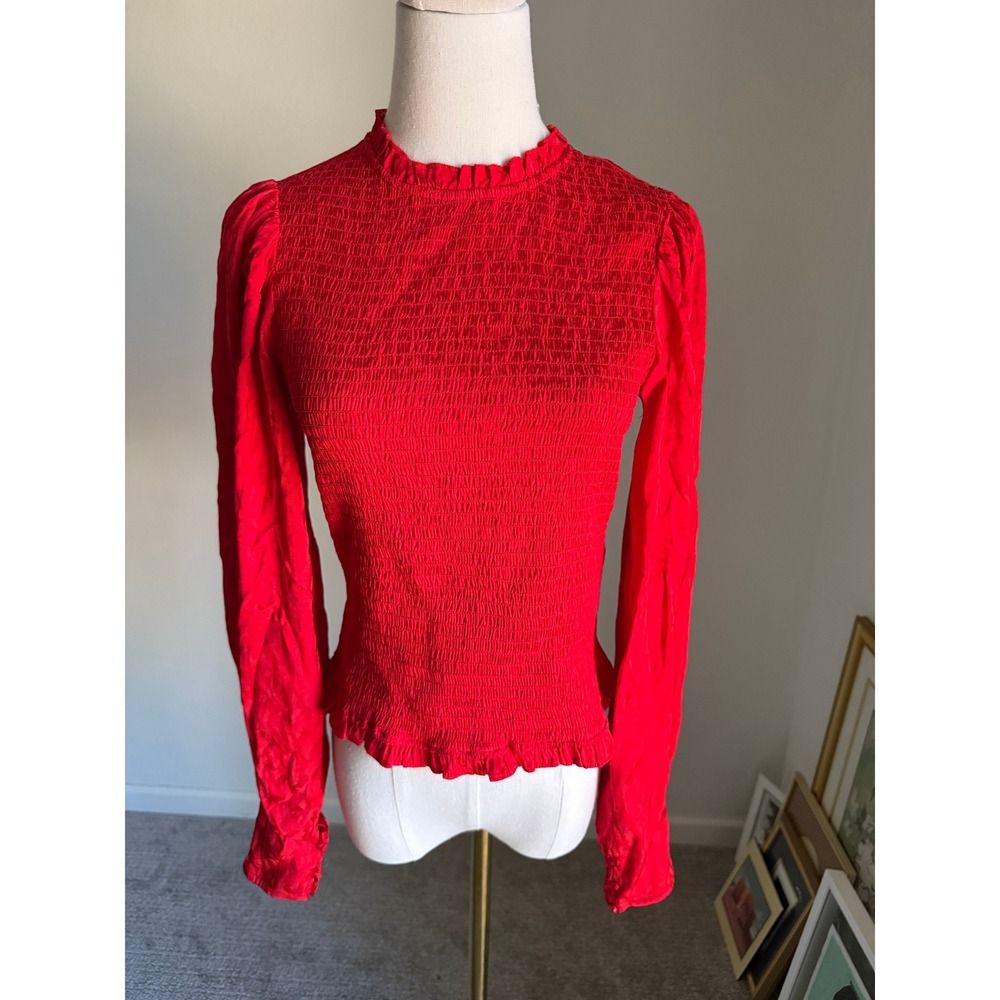Maje Limine Red Smocked Ruffle Trim Long Sleeve Top Blouse Size 1 Small